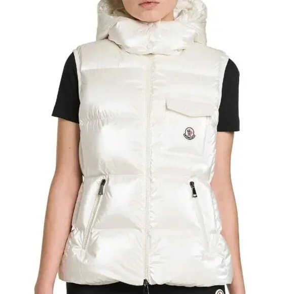 NWT$1550 MONCLER Diotis Hooded Quilted Metallic Pearl Puffer Gilet Vest 1 Small - Picture 2 of 16